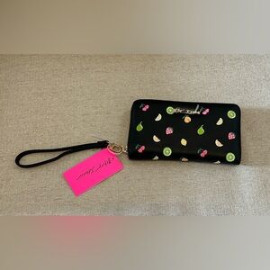NWT Betsey Johnson Black Zip Around Fruit Embroidered Wallet